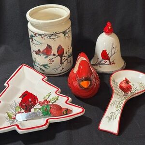 Cardinal Themed Ceramic Kitchen Set Lot of 6 Christmas/Winter Red Bird